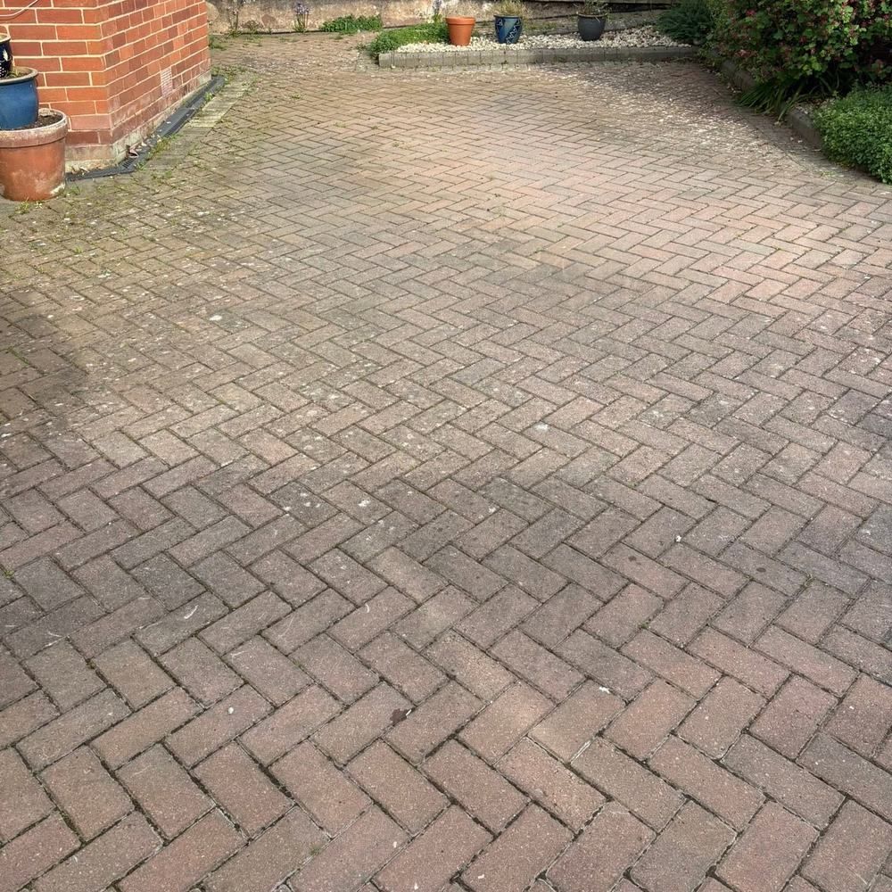 Herringbone block paving path and driveway after cleaning by Owens Exterior Cleaning, Devon