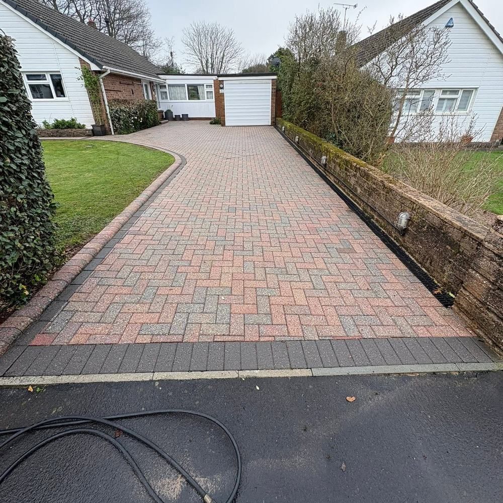 Long block paving driveway after cleaning by Owens Exterior Cleaning, Devon