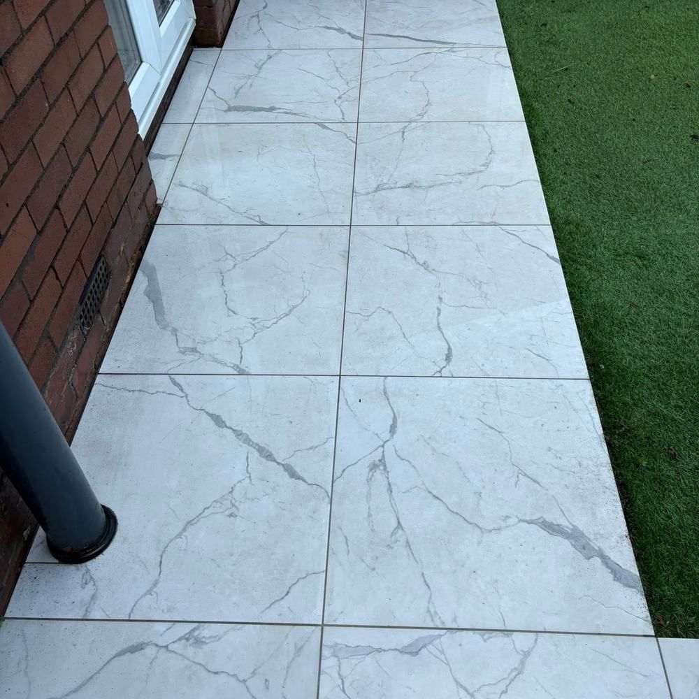 Porcelain patio path after cleaning by Owens Exterior Cleaning, Devon