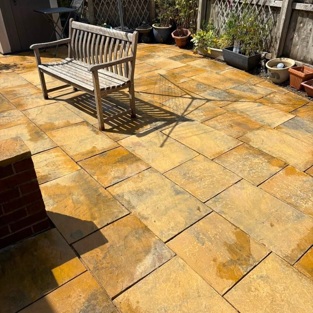 Sandstone garden patio after cleaning by Owens Exterior Cleaning, Devon