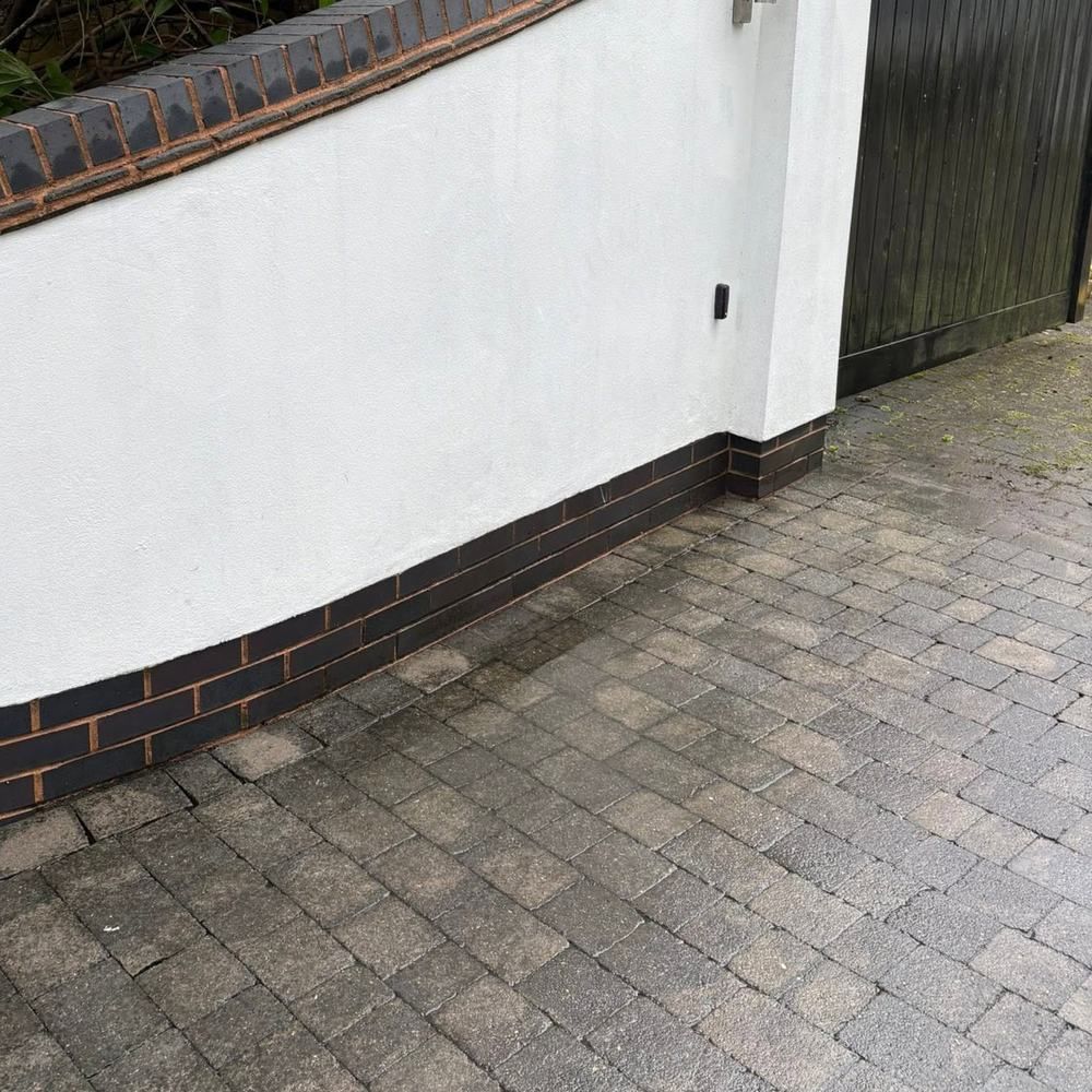 White rendered garden wall after cleaning by Owens Exterior Cleaning, Devon (view 2)