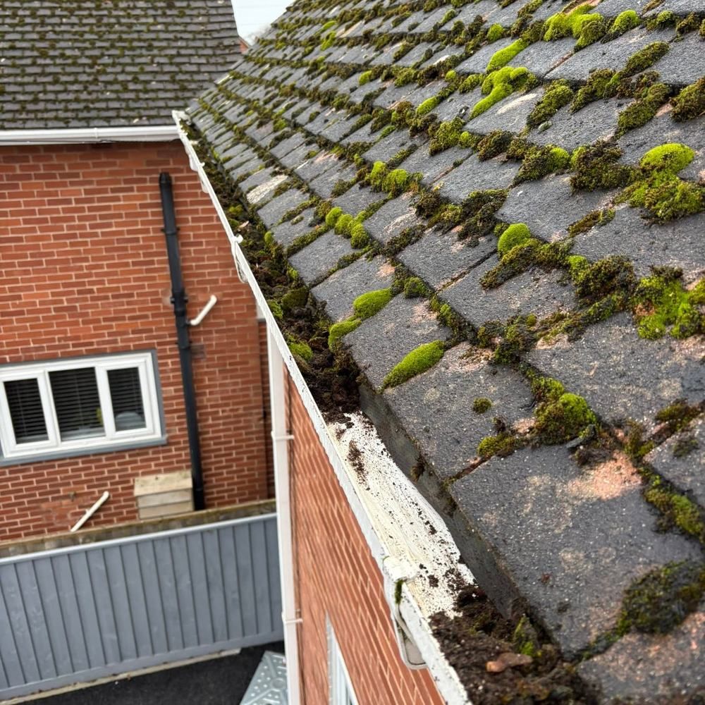 Concrete tile roof before cleaning by Owens Exterior Cleaning, Devon