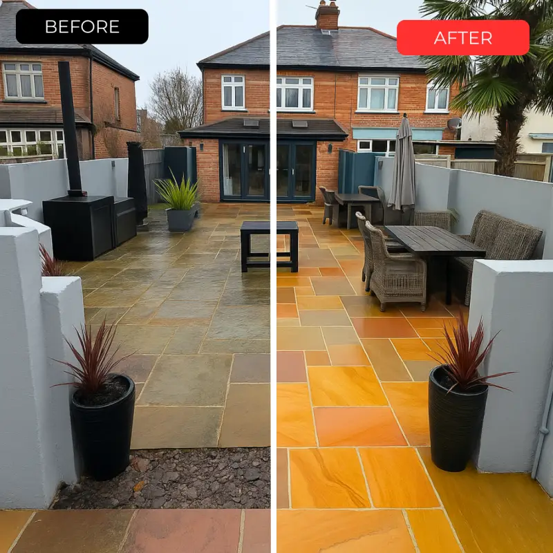 Indian sandstone patio before and after cleaning by Owens Exterior Cleaning